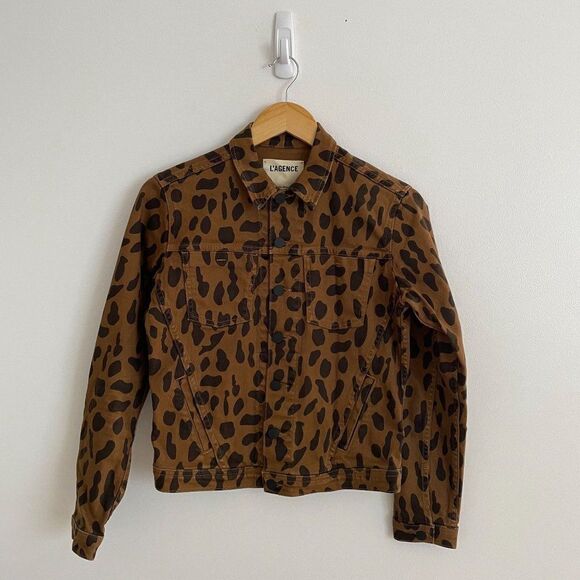 L'Agence Celine Animal Print Denim Jean Jacket Brown Small Button Front Mobwife - Picture 8 of 9